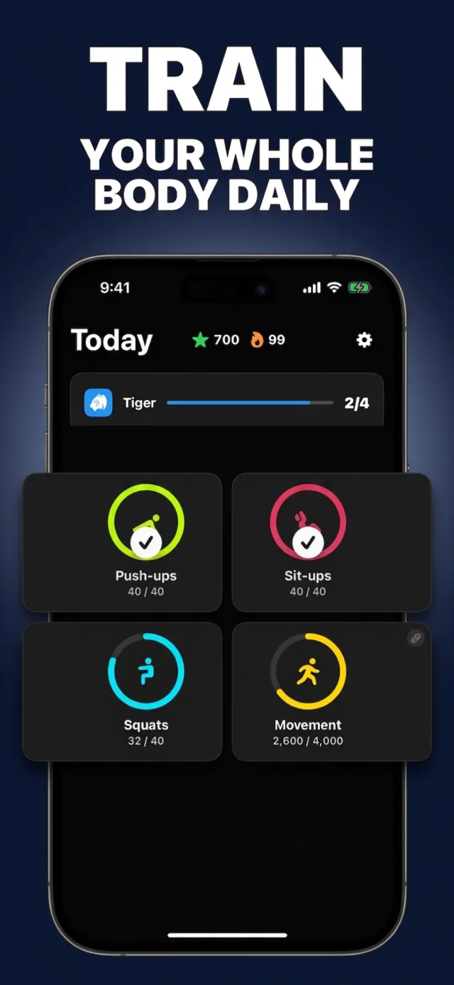 OnePushMan Today screen showing daily training rings