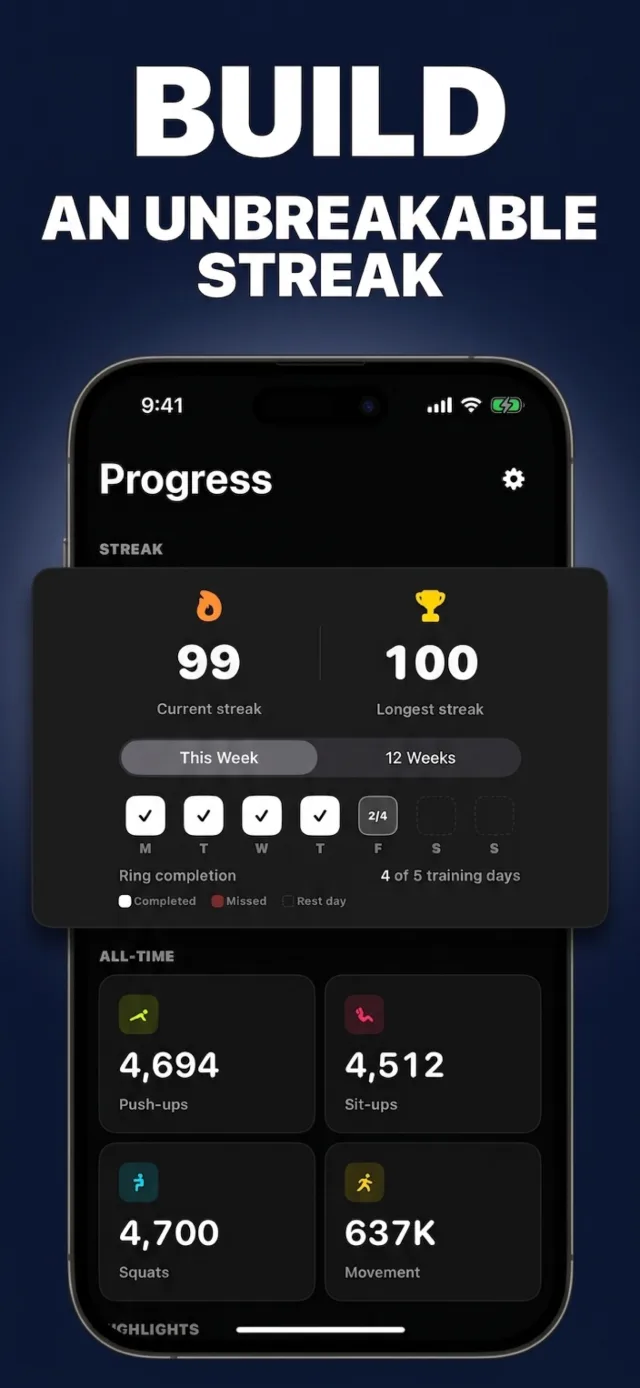 OnePushMan progress screen showing training streak